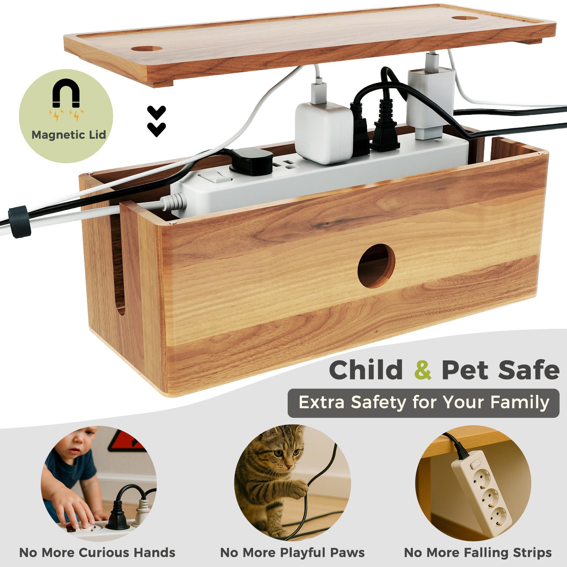 Caja organizadora de cables grande, caja organizadora de cables de madera de acacia con tapa magnética extraíble, organizador de escritorio de 4 ranuras abiertas, oculta cables de TV, cables
