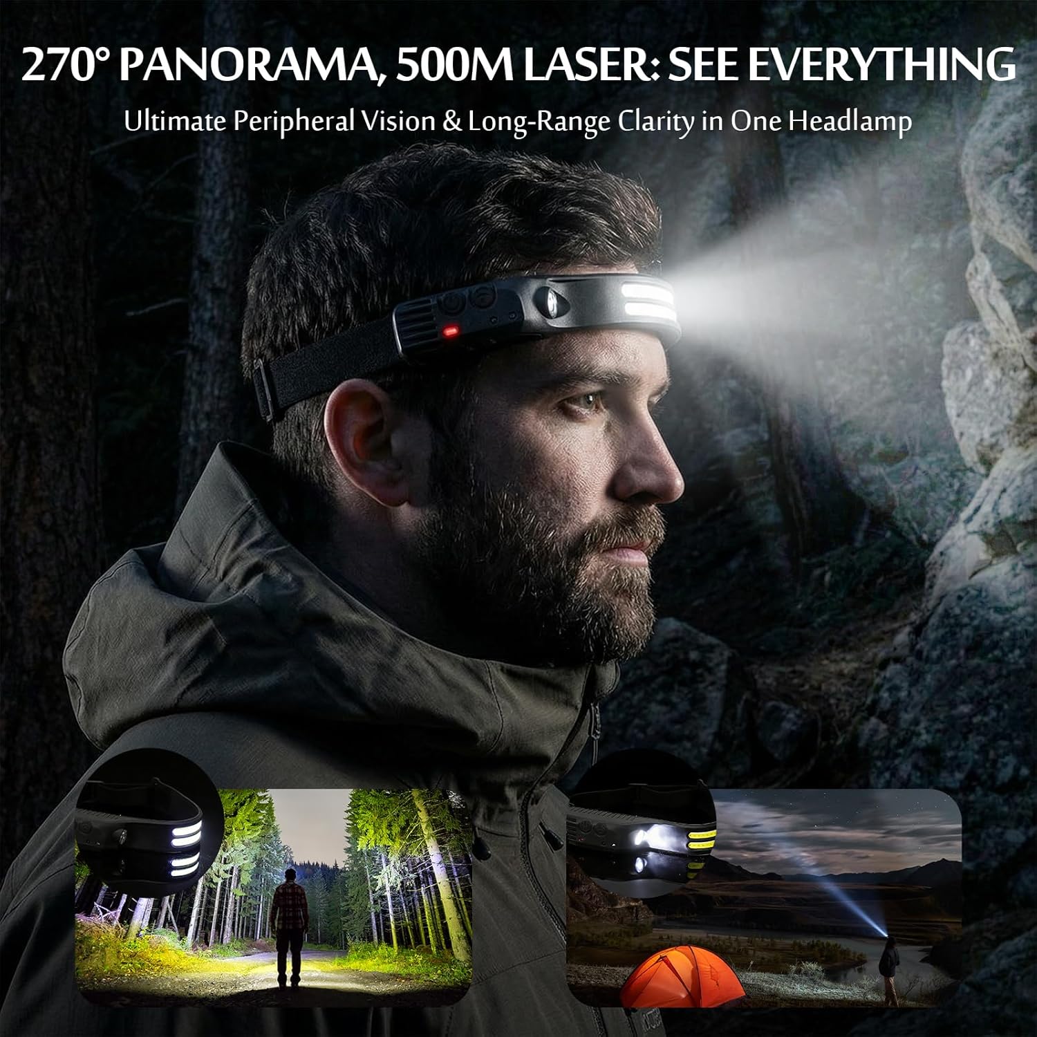 Camping Light Set, Headlamp with Motion Sensor & Solar Camping Fan Lantern, 230° COB Headlamp and 5-in-1 Rechargeable LED Lantern with Fan, Phone Charger for Hiking, Emergency, Outdoor Gear,Silver