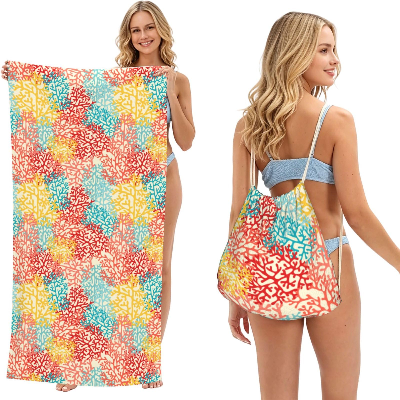 Poadnly As Picture Corals Colorful, 2 In 1 Packable Towel Bag, Beach Towels With Drawstring Backpack For Travel Holiday Camping