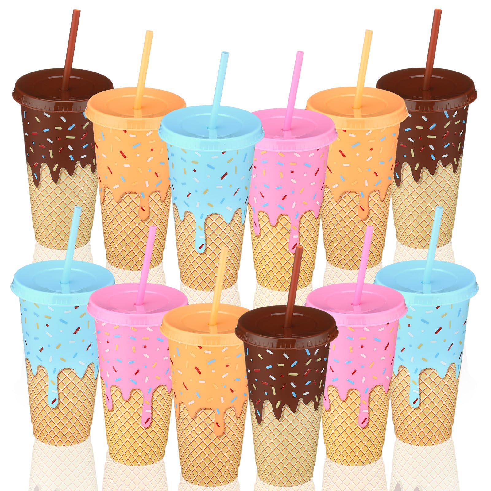 Yungyan 12 Pcs Ice Cream Drip Party Favors Ice Cream Party Decorations Cone Cups with Lid and Straw 24 oz for Summer Birthday Supplies