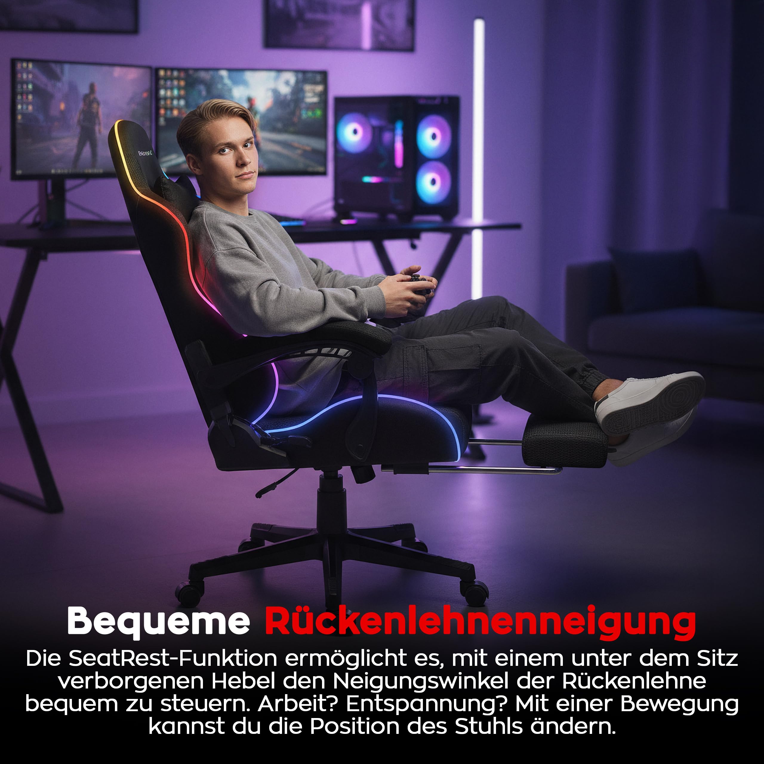 huzaro Force 4.7 RGB Gaming Stuhl - Ergonomischer Bürostuhl & PC Stuhl | Schreibtischstuhl für Gamer - Bis 150 kg belastbar - Mit ausziehbarer Fußstütze & Lendenkissen - Stoff Mesh - Schwarz