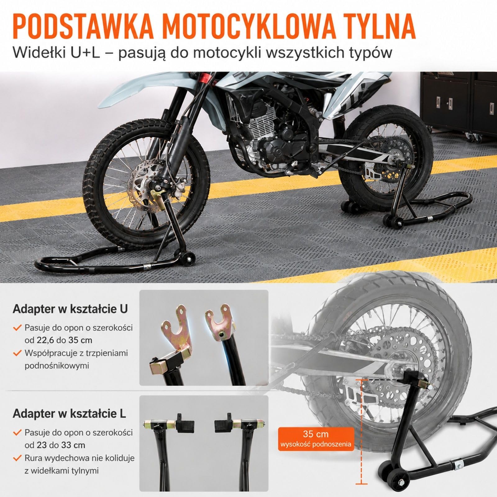 Zestaw stojaków motocyklowych przedni i tylny, stojaki na kółkach, regulowana szerokość, adaptery typu U, L i podwójne głowice widelca do montażu i konserwacji