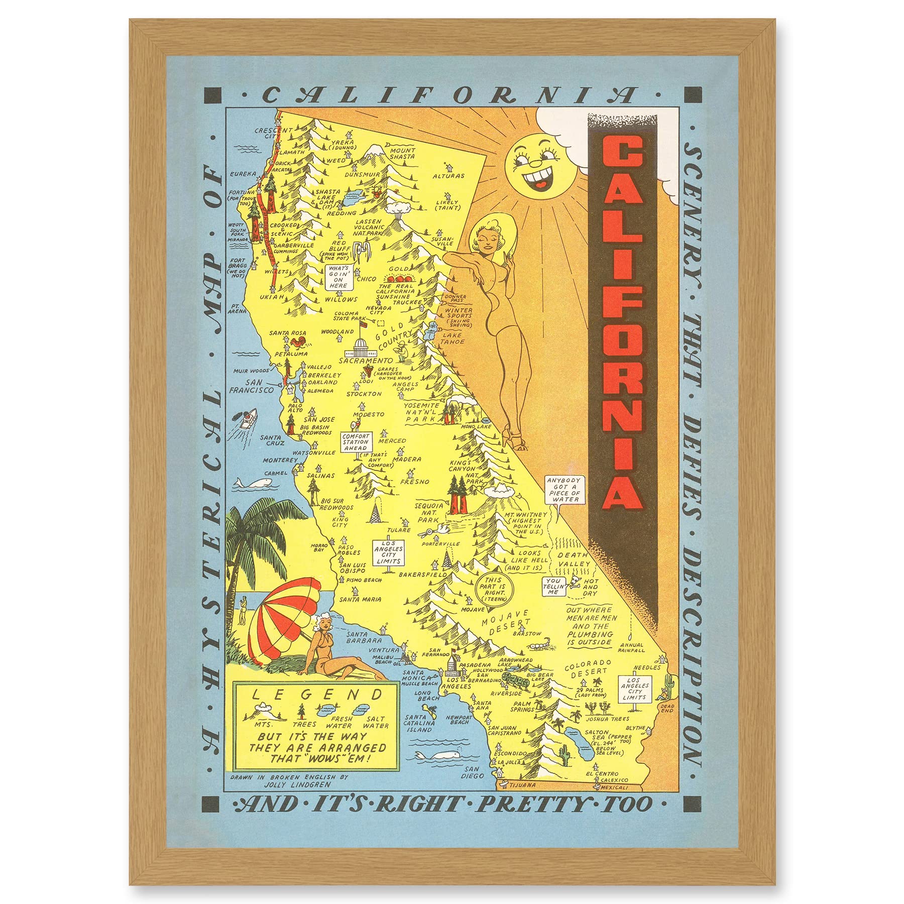 Artery8 Hysterical Map Lindgren 1948 California Pictorial Artwork Framed Wall Art Print A4