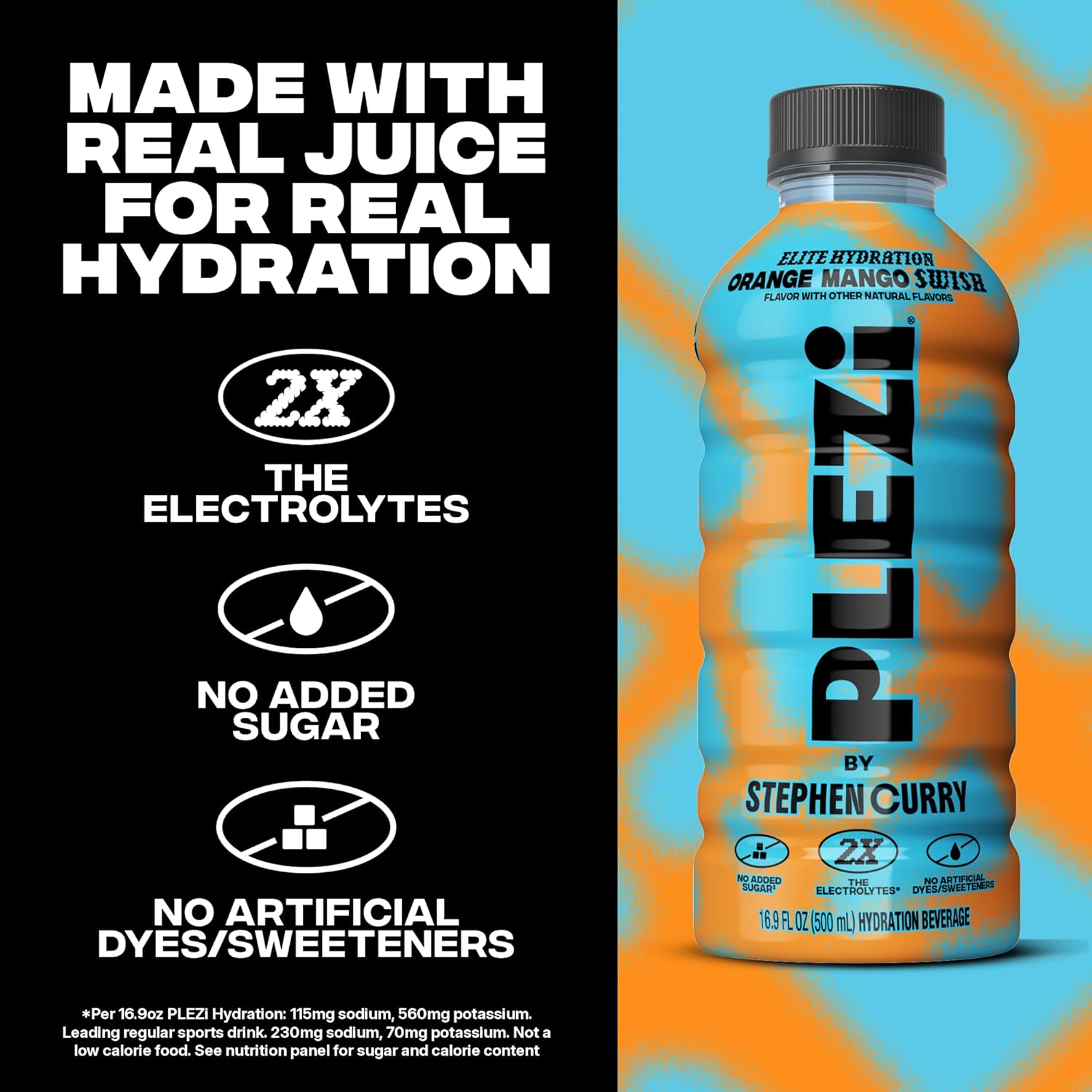 PLEZi Hydration Drink ORANGE MANGO SWISH - Electrolyte Drinks Made with Real Juice, 2X Electrolytes vs the Leading Sports Drink, 560mg Potassium - No Added Sugar Sports Hydration - 16.9 fl oz, 12 Pack