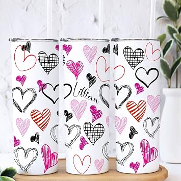 AVITO Personalized Heart Tumbler - 20 oz Skinny Tumbler with Lid and Straw - Vacuum Insulated - Stainless Steel