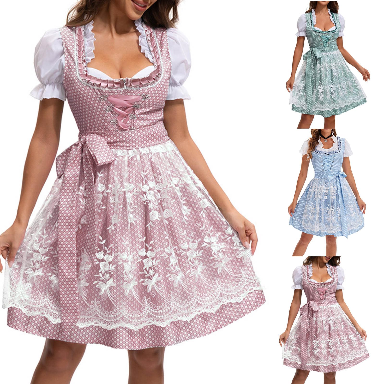 AACH Dirndl Damen Midi Trachtenkleid Trachtenmode Dirndlkleider Trachtenrock Spitze Swing Kleid Traditionelles Halloween Kleider für Karneval Oktoberfest Party Kostüm Besondere Anlässe