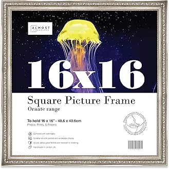 16x16 Silver Ornate Picture Frame 16"x16"(40.6x40.6cm) Poster, Photo, Artwork, or Print. Elegant Style Portrait and Landscape Display with Wall Hooks