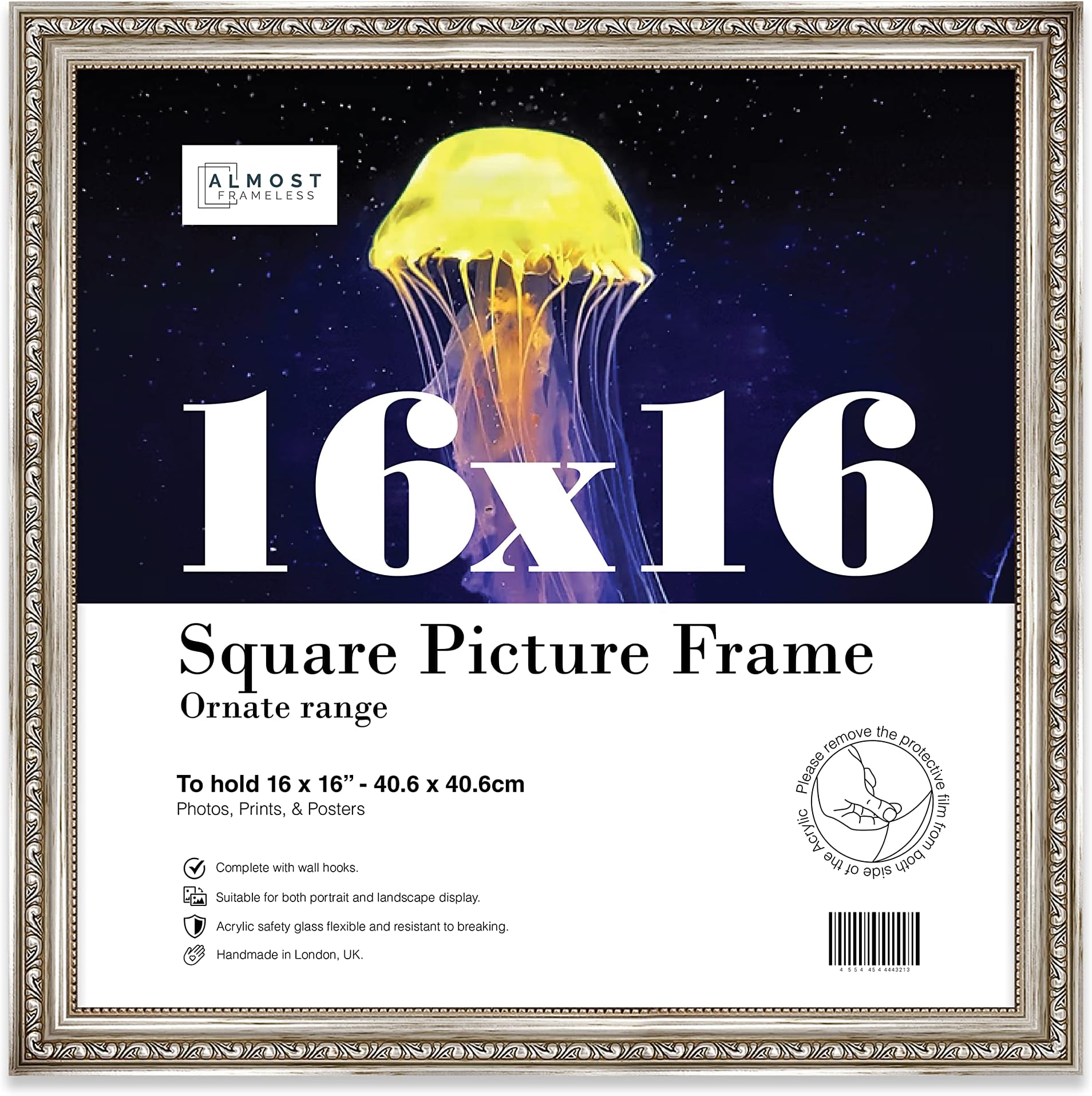 Almost Frameless 16x16 Silver Ornate Picture Frame 16"x16"(40.6x40.6cm) Poster, Photo, Artwork, or Print. Elegant Style Portrait and Landscape Display with Wall Hooks