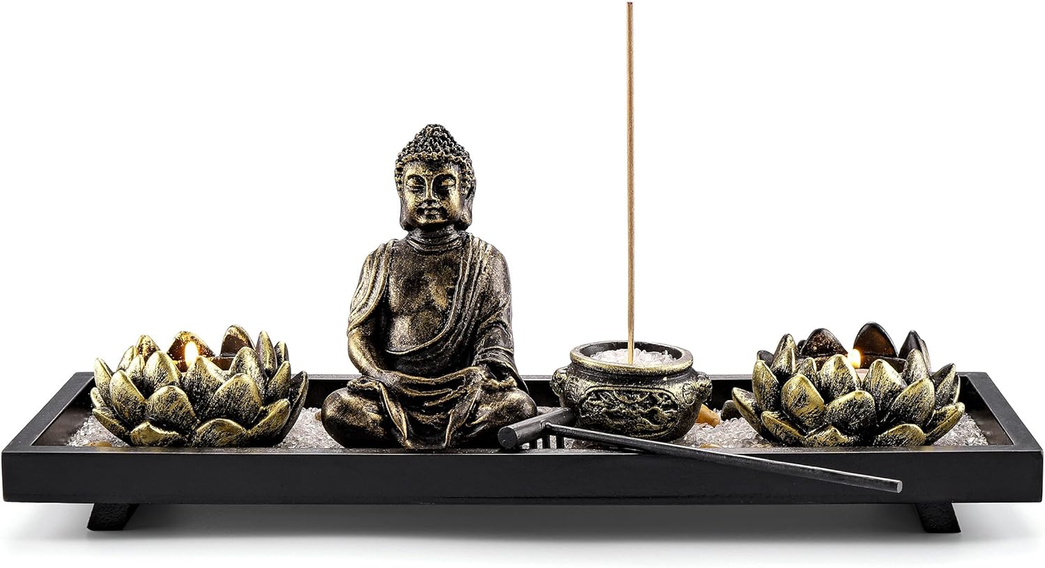 Jovivi Zen Garden Set Buddha Statue 2 Lotus Tealight Candle Holders, Mallet & Rocks and Crystals & Incense Burner Stick Holder Bowl & Wood Tray for Yoga Meditaion Home Table Decor Gift