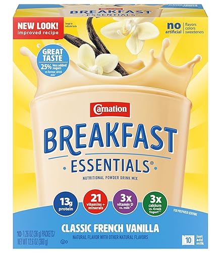 Carnation Breakfast Essentials Paquetes nutricionales de mezcla de bebidas en polvo, vainilla francesa clásica, solo tienes que añadir leche, 10