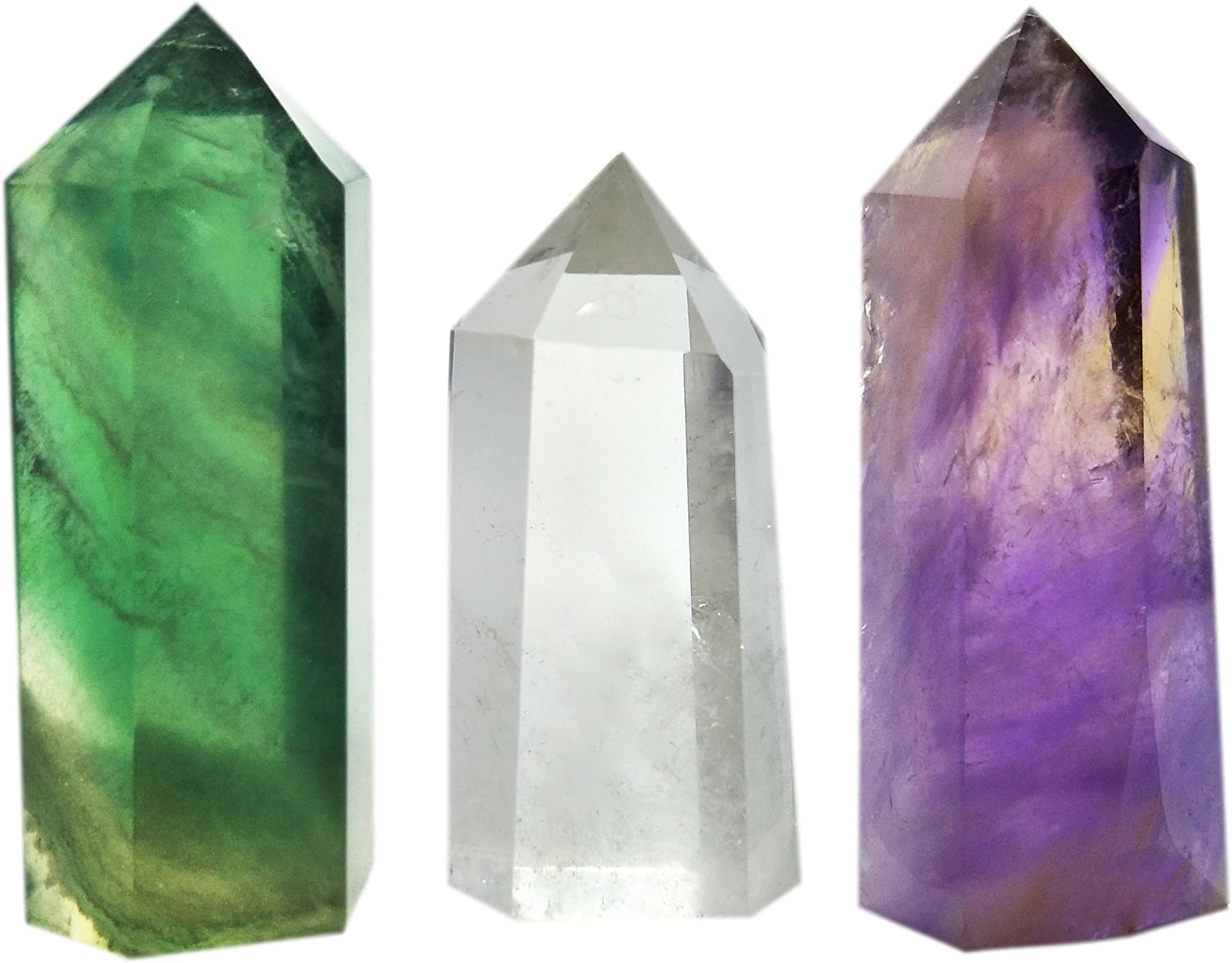 Healer's Natural Stone Power Stone Crystal Healing Wand 3 Pack (Clear Quartz, Amethyst, Fluorite Fluorite) with Pointed Polyhedral Finish Crystal Sticks Ideal for Healing Meditation and Chakra