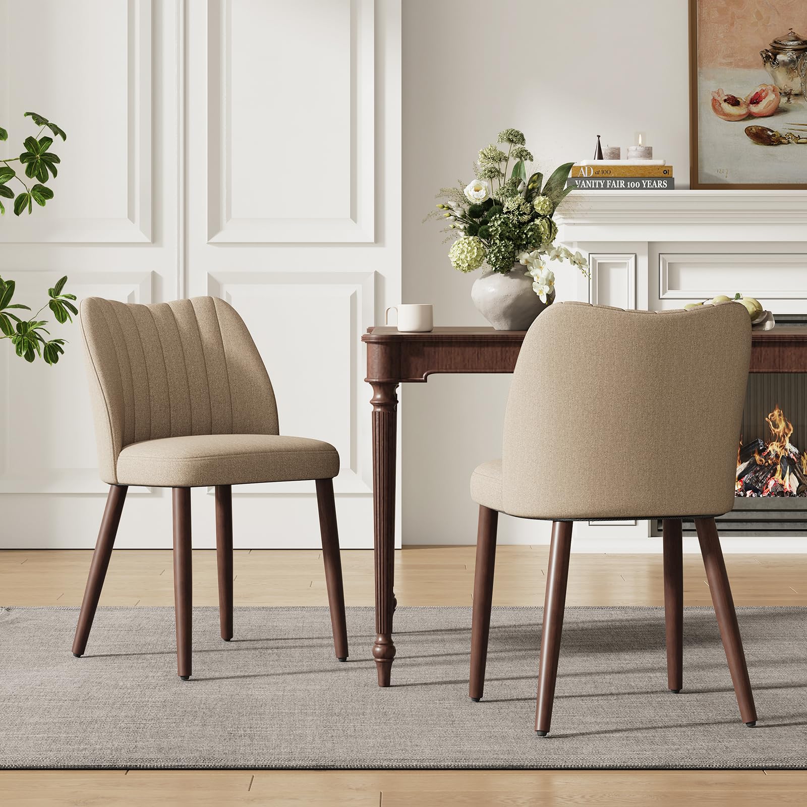MALOL Upholstered Dining Chairs Set of 2, Fabric Chairs for Dining Room with Solid Wood Legs and Thick Seat Cushion, Modern Kitchen Chair with Anti-Slip Pads, Camel