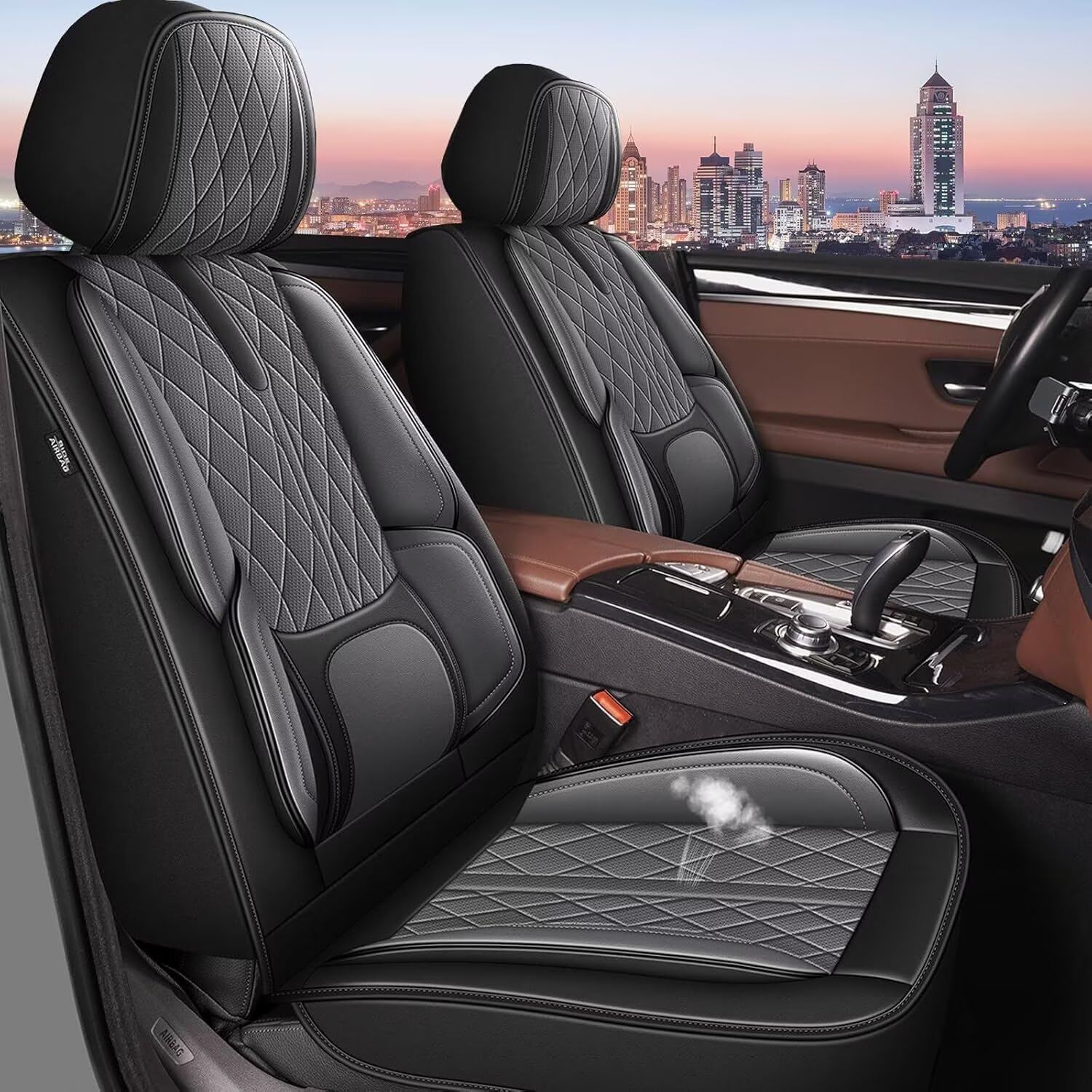 YORKNEIC Seat Covers Fit for Hyundai Venue 2020-2025: Waterproof Breathable Leather Car Seat Covers Cushion with Lumbar Support and Side Wings(2 Seats, Black&Grey)