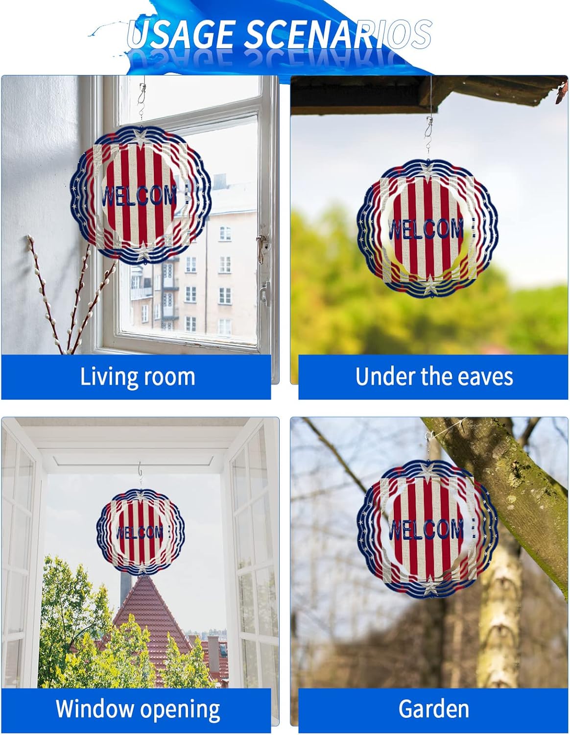 Independence Day Stars Red Stripes Welcome Quote Wind Spinner for Garden Yard 3D Stainless Steel Hanging Wind Spinners, Blue Border Vintage Cotton Linen Spinners Outdoor Metal Decor for Lawn