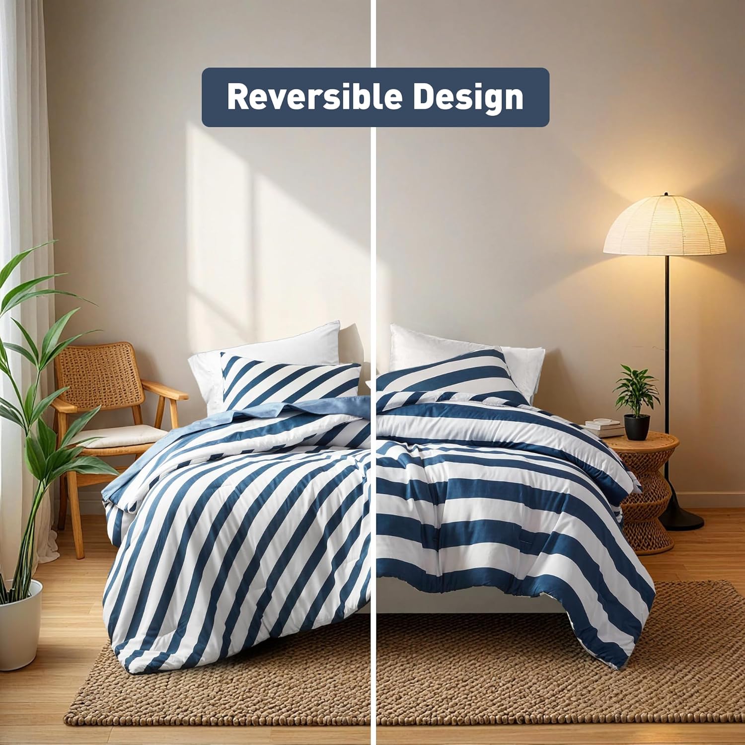 Reversible Striped King Comforter Set, Soft Microfiber Bedding Set with Double-Sided Stripes Design, Warm & Cozy for All-Seasons, 3-Piece Comforter and Shams Set King Size, Navy