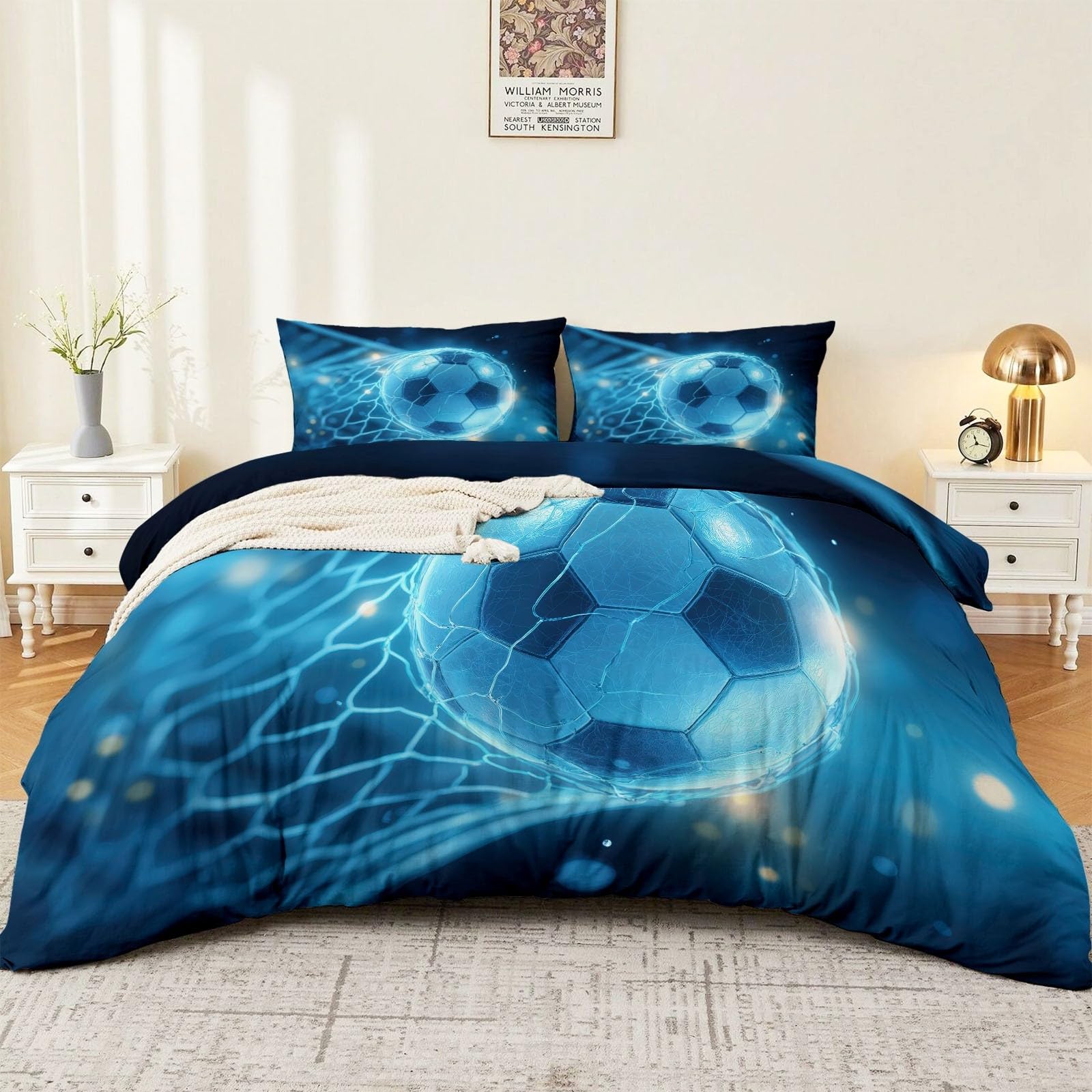Housse de couette football bleu lit double 140x200 pour chambre d'ado sportive