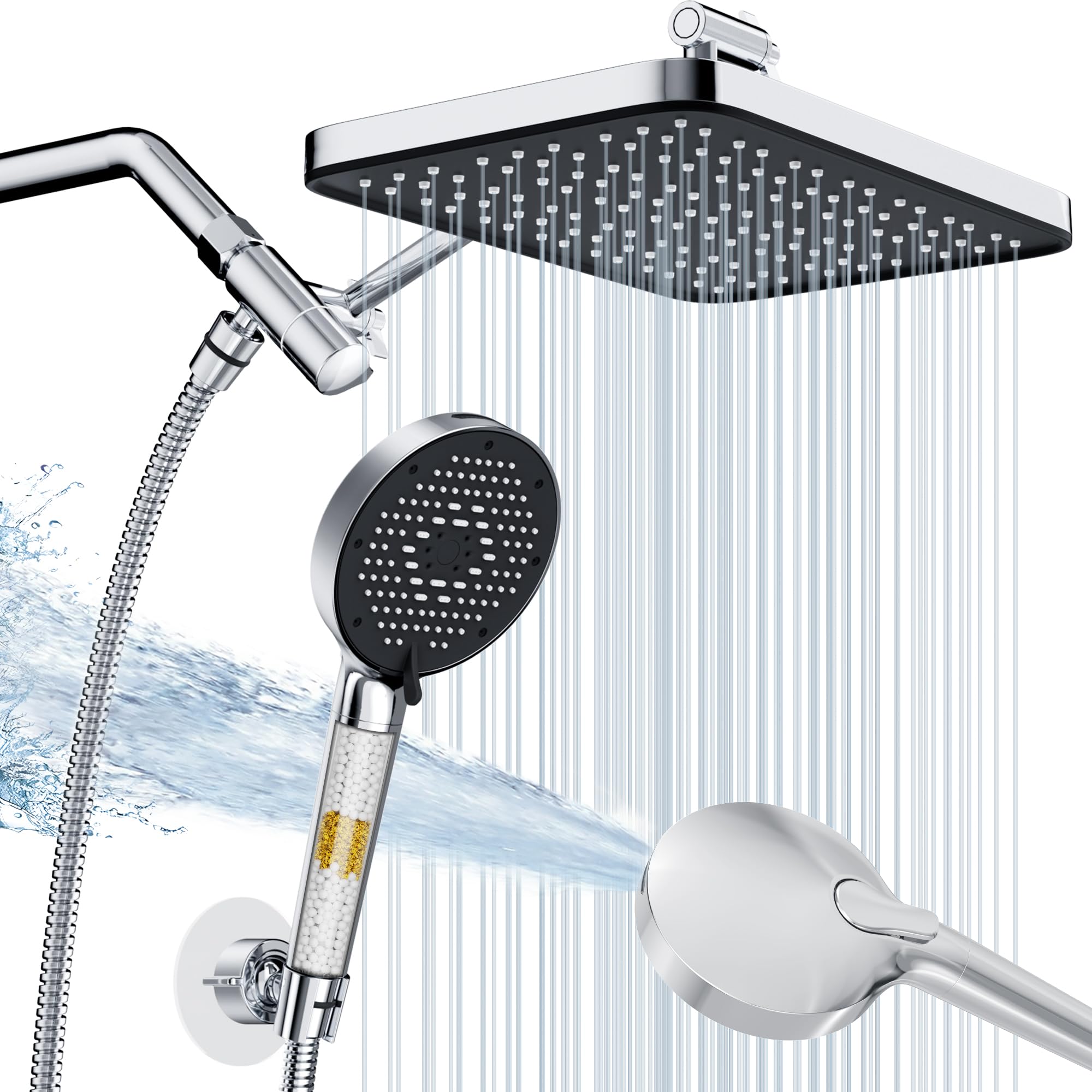 12 Inch Wide Rain Shower Head with Filtered Handheld Combo, High Pressure Rainfall Shower Head, 9 Spray Modes Handheld with 9-Inch Extension Arm, Comes with Filter Removes Chlorine(Dark Brown) — view 9
