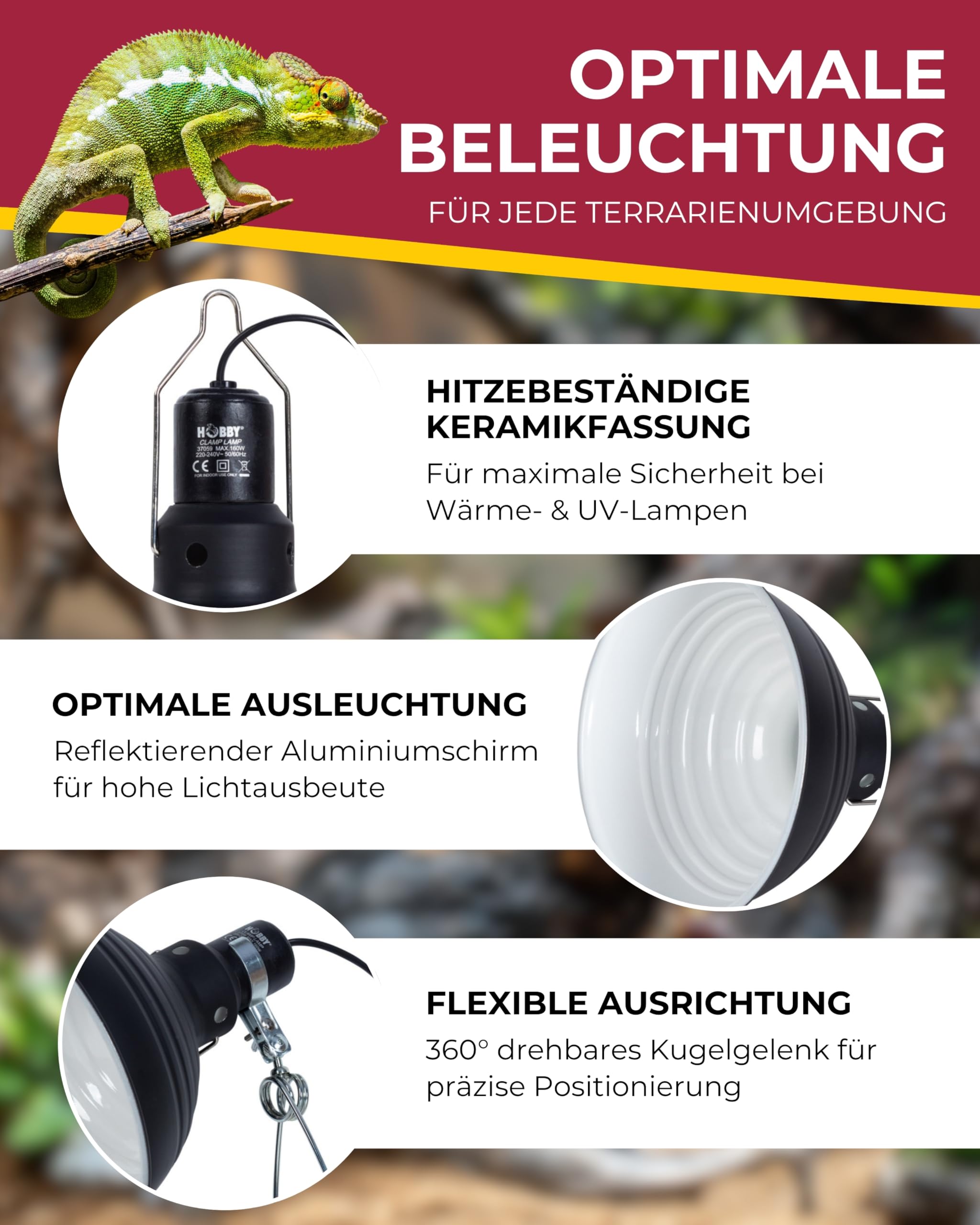 Hobby Clamp Lamp Terrarium Leuchte 21 cm I Hitzebeständige Keramikfassung E27 für Wärme-, Licht- & UV-Lampen I Mit Reflektorschirm, Klammer & Schalter I Sichere, Flexible Terrarium Beleuchtung