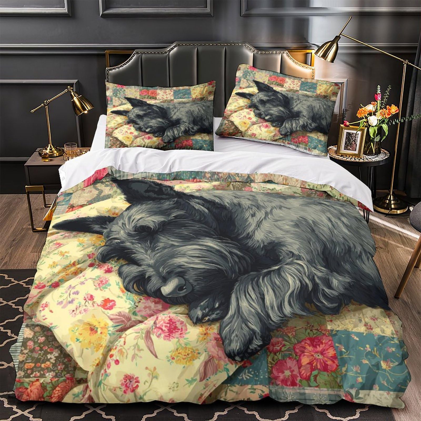 Housse de couette Schnauzer 260x220 cm en microfibre respirante avec parure de lit 3D pour couple