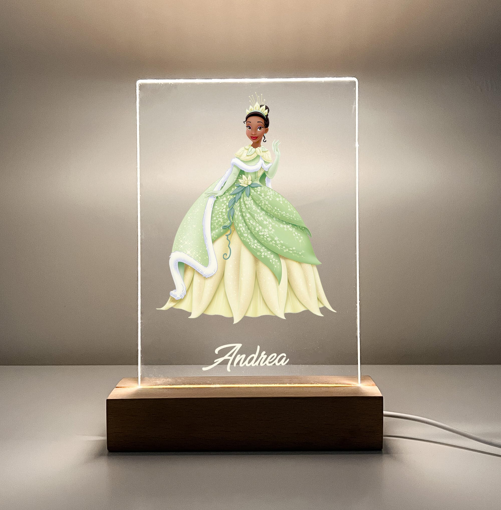 Tiana Frog Premium Wood Base Stand Soft Night Light Up Table Desk Lamp LED Princess Sign Personalized Free Engraved With Your Name On It, Made to
