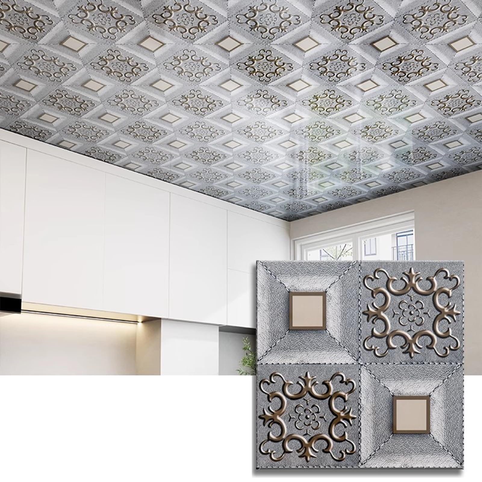 Kunovo 3D Relief Styrofoam Suspended Ceiling Tiles, Self Adhesive Retro Ceiling Sticker Gray, Soundproof Wainscoting for Ceiling Renovation(60pcs)