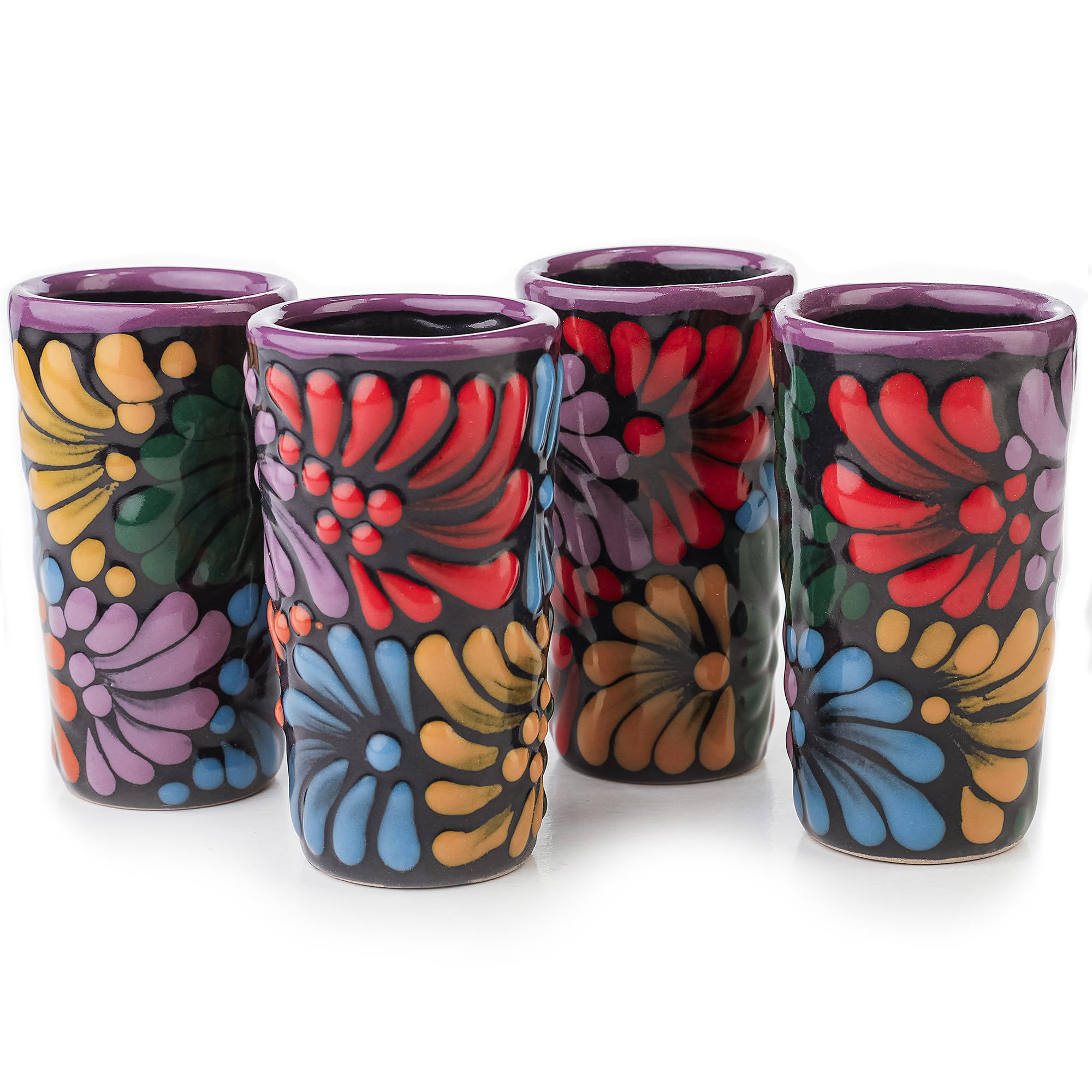 Talavera Shot Glasses Set of 4 Authentic Mexican Tequila Shot Glasses - Hand-painted - 2 Oz (Black Floral)