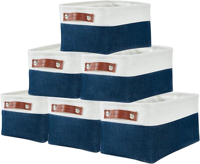 DECOMOMO Foldable Storage Bin Collapsible Sturdy Cationic Fabric Storage Basket Cube W/Handles for Organizing Shelf Nursery Home Closet (Navy Blue and White, Small - 11.8 x 8 x 5.9-6 Pack)