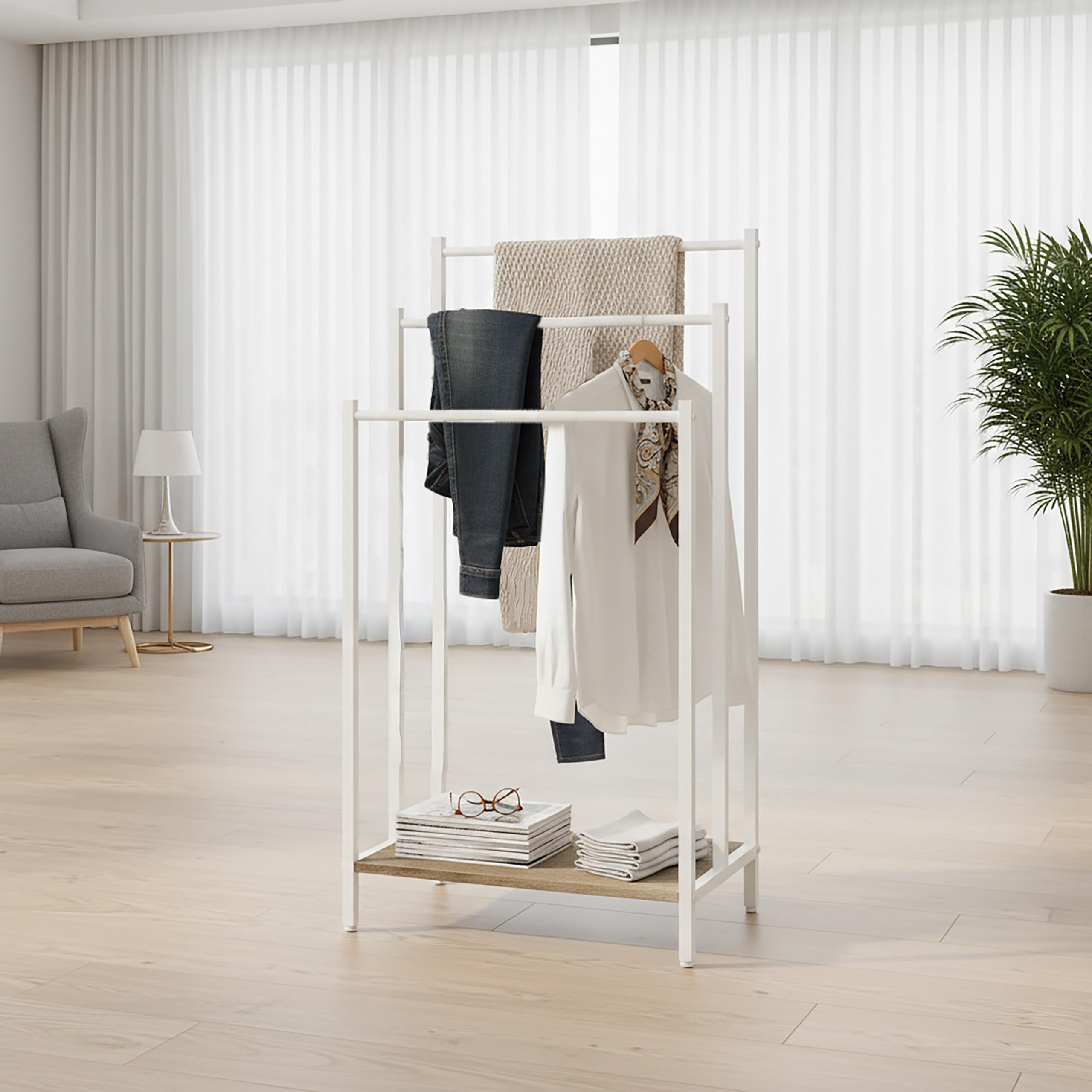 Relaxdays toallero de pie con repisa, Efecto Madera, 3 Barras, 81x43x28 cm, Natural/Blanco