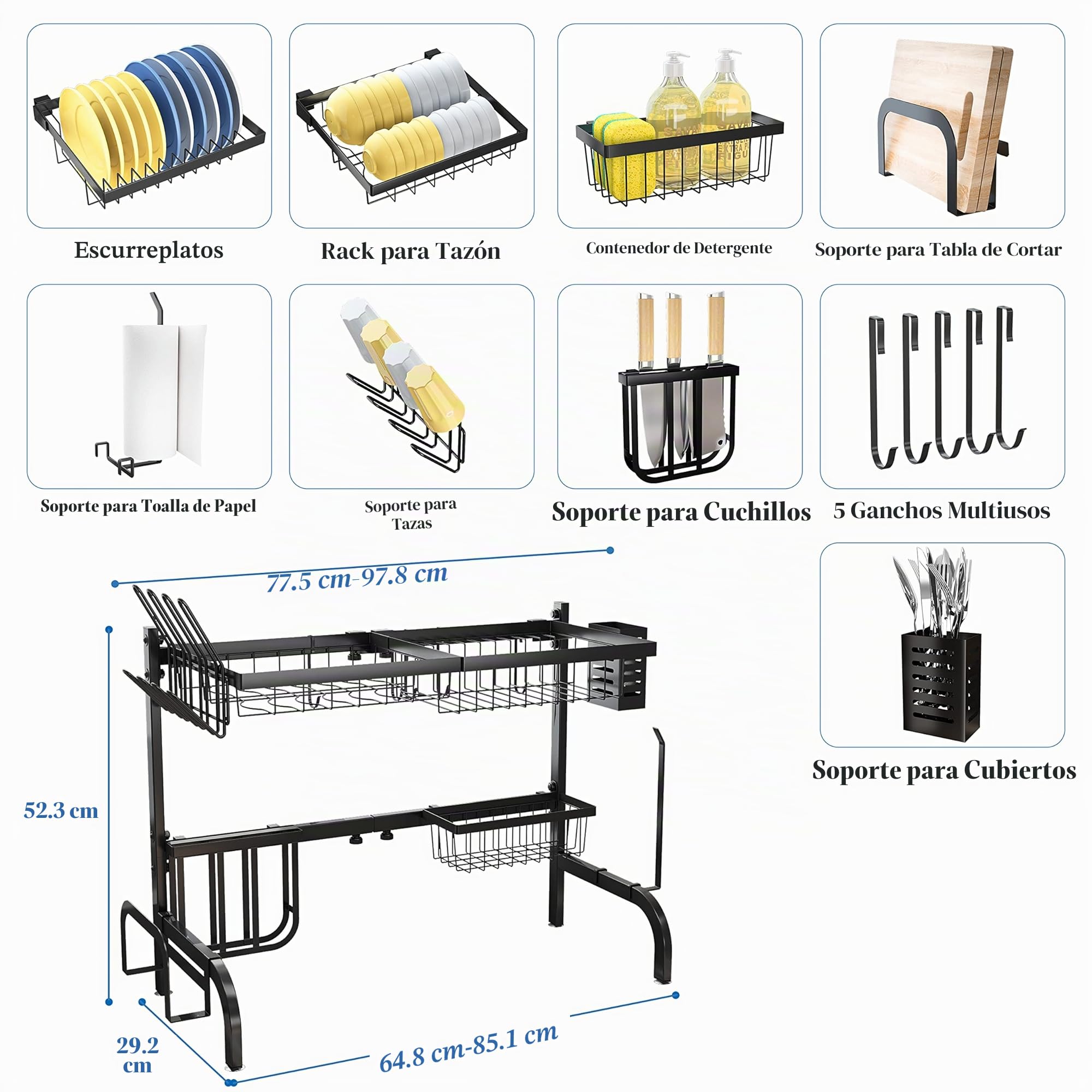 SAYZH Escurridor de Platos, Escurreplatos Encima del Fregadero, Escurridor de Platos Ajustable (de 64,8 CM a 85,1 CM), con Soporte para Utensilios, para Mostrador de Cocina, Inoxidable, Negro