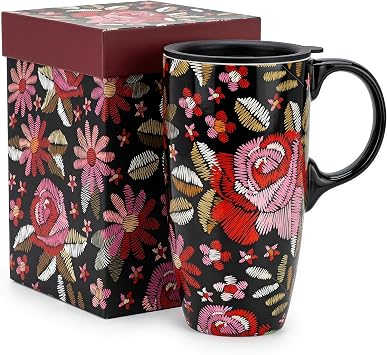 17oz Ceramic Travel Mug with Lid, Rose Floral Coffee Cup | Microwave&Dishwasher Safe, Cup Holder Friendly, Large Tea Cup with Handle & Gift Box, Commute Office Home Use, Great Mom Gift