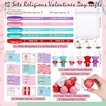 Seenelling 60 Pcs Christian Valentine's Day Gift Set, Jesus Loves You Bear Keychain Christian Card John 3:16 Bracelets Religious Heart Stress Balls Jesus Valentine Exchange Party Gift for Women Men