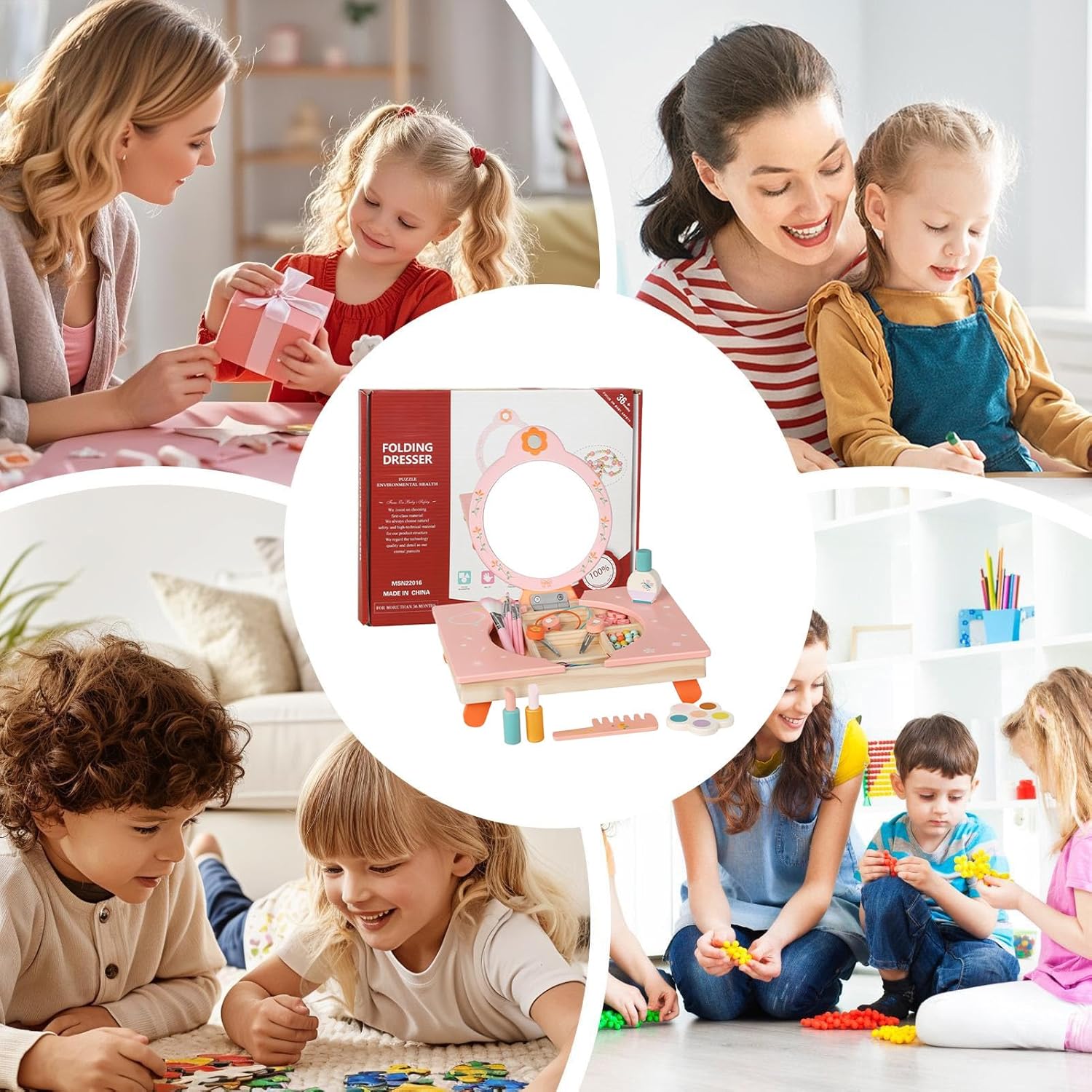 Kids Play Vanity - Wooden Dressing Table Mirror, Folding Pretend Play Girls Vanity Set with Comb Cosmetics, Toy Makeup Table, Plays Vanitys for Dress Up Details, Home Children Room Game Use