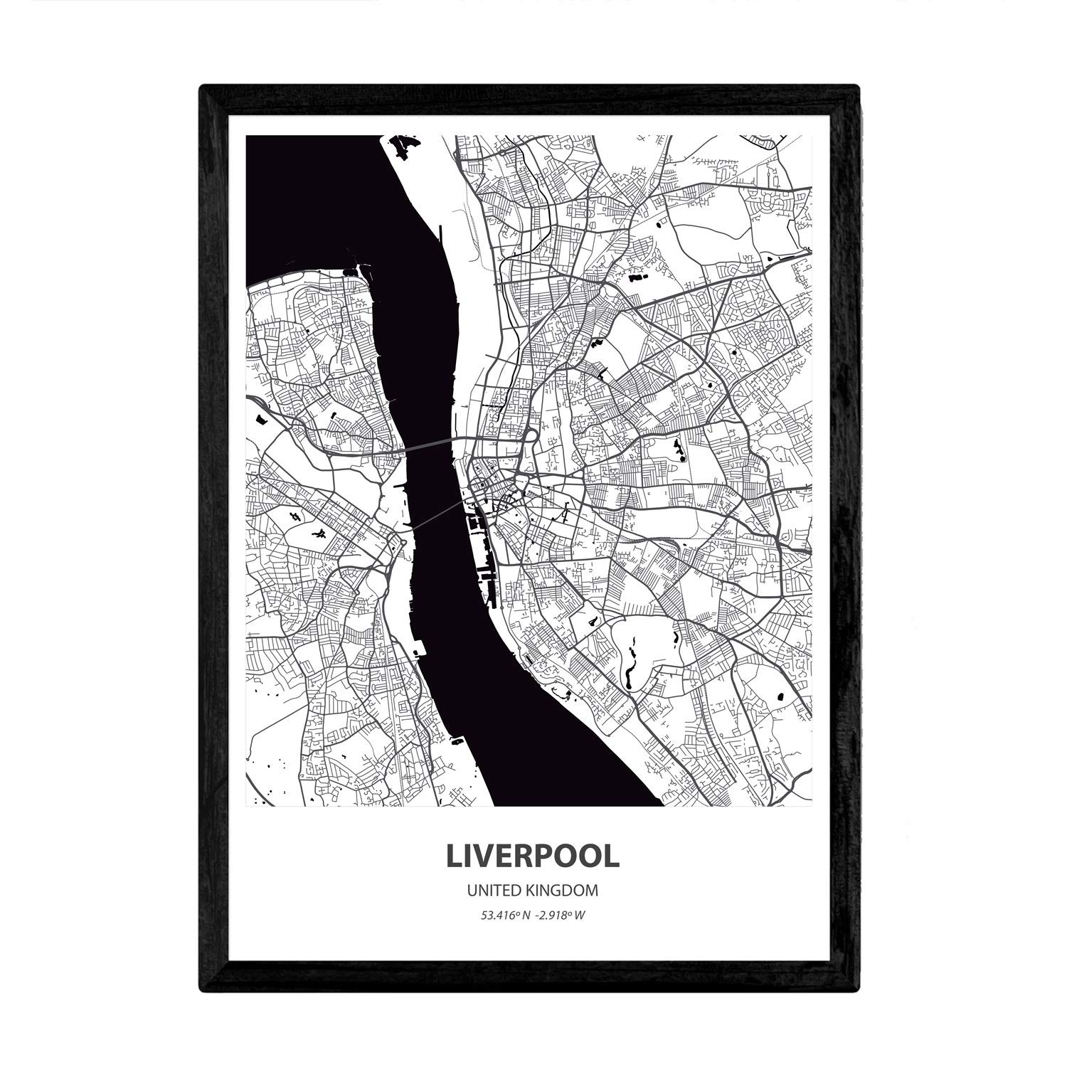 Nacnic Poster with map of Liverpool - USA. Sheets US cities with seas and rivers in black color. A3 size frame
