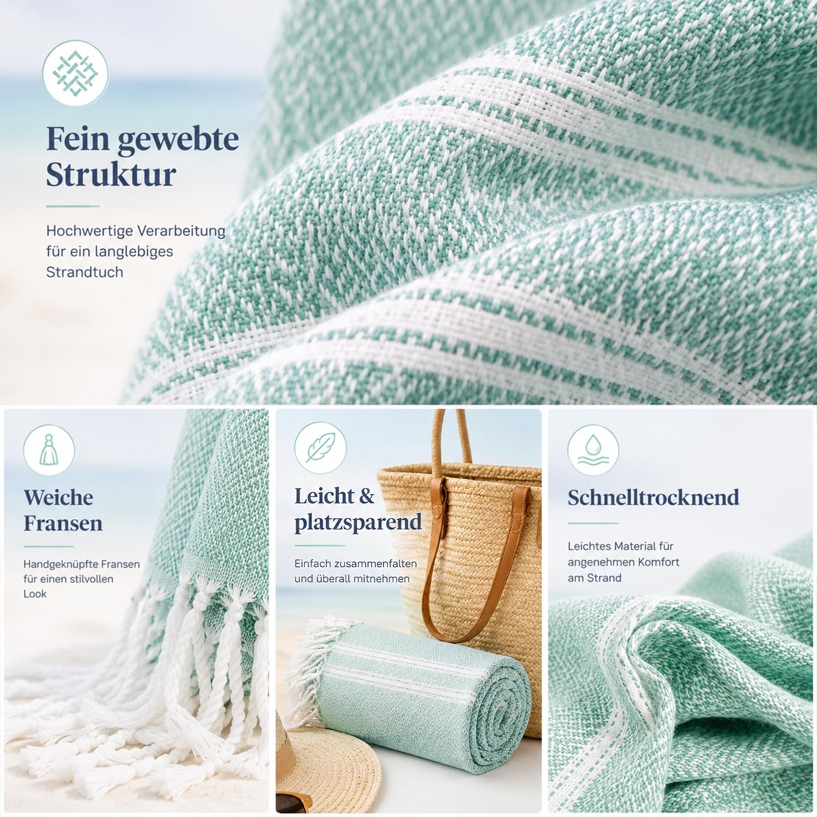 Nuenen 2 Toallas de Baño Sauna Turco Suaves Playa Toalla de Hammam Grande Absorbente Ligera Compacta para SPA Ducha Yoga(200 x 200 cm,Azul, Verde)