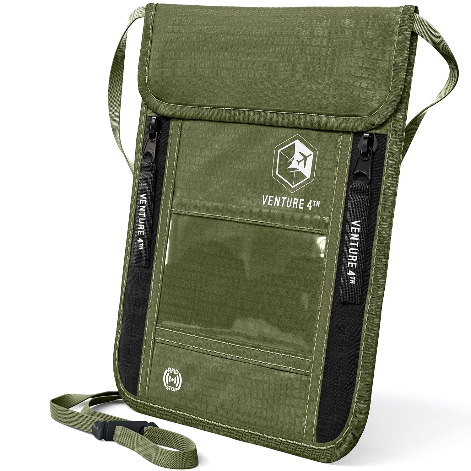 Neck Wallet for Women & Men – RFID Blocking Passport Holder for Travel, Hidden Neck Pouch with 6 Compartments, Slim Lightweight Travel Organizer with Adjustable Strap (Green)