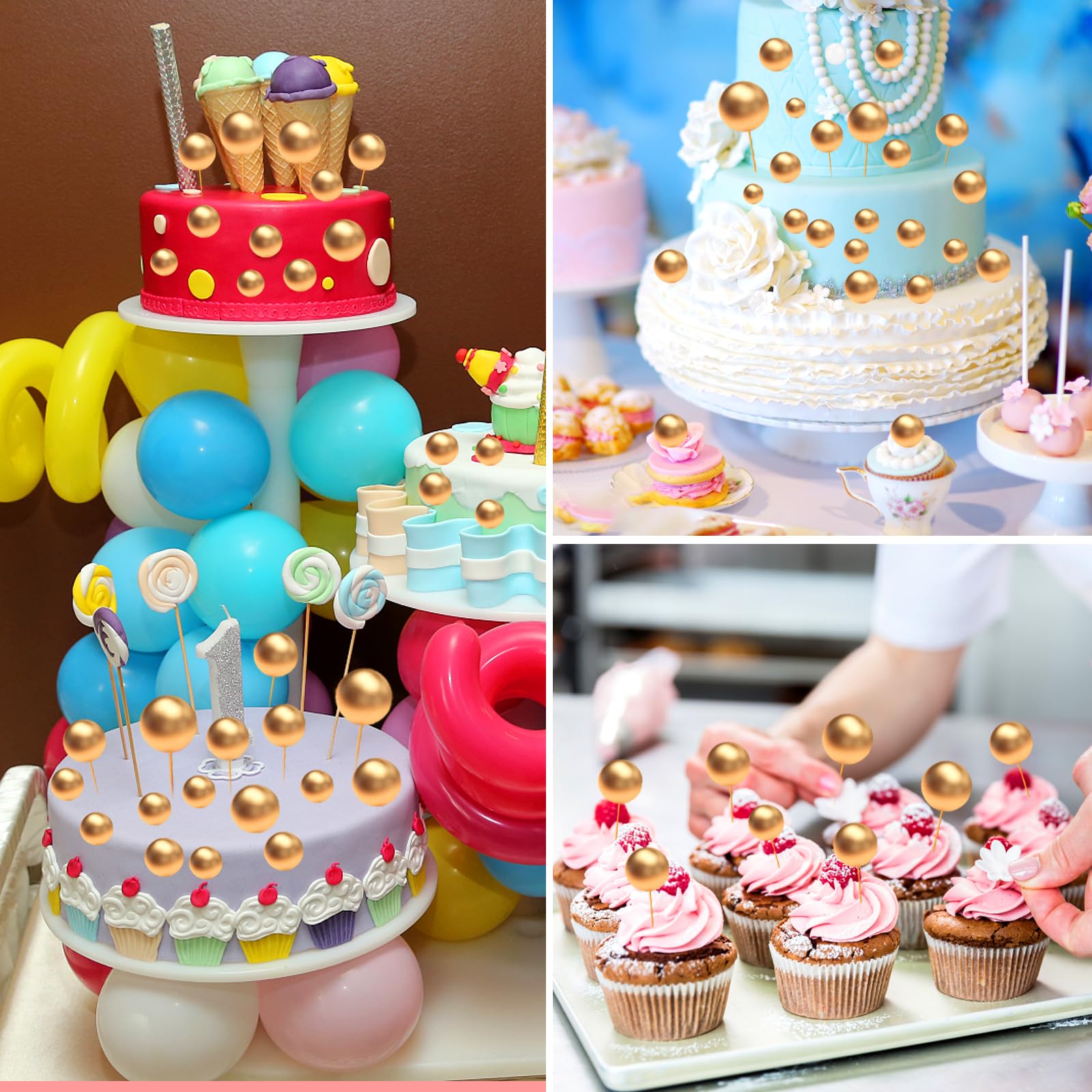 JIASHA 108 Pezzi Topper Torta Sfera in Schiuma,Mini Topper Torta Palloncino Cupcake Perle Balls Topper Foam Ball Torta Palloncino Cake Topper,per Anniversario,Matrimonio,Compleanno (Oro)