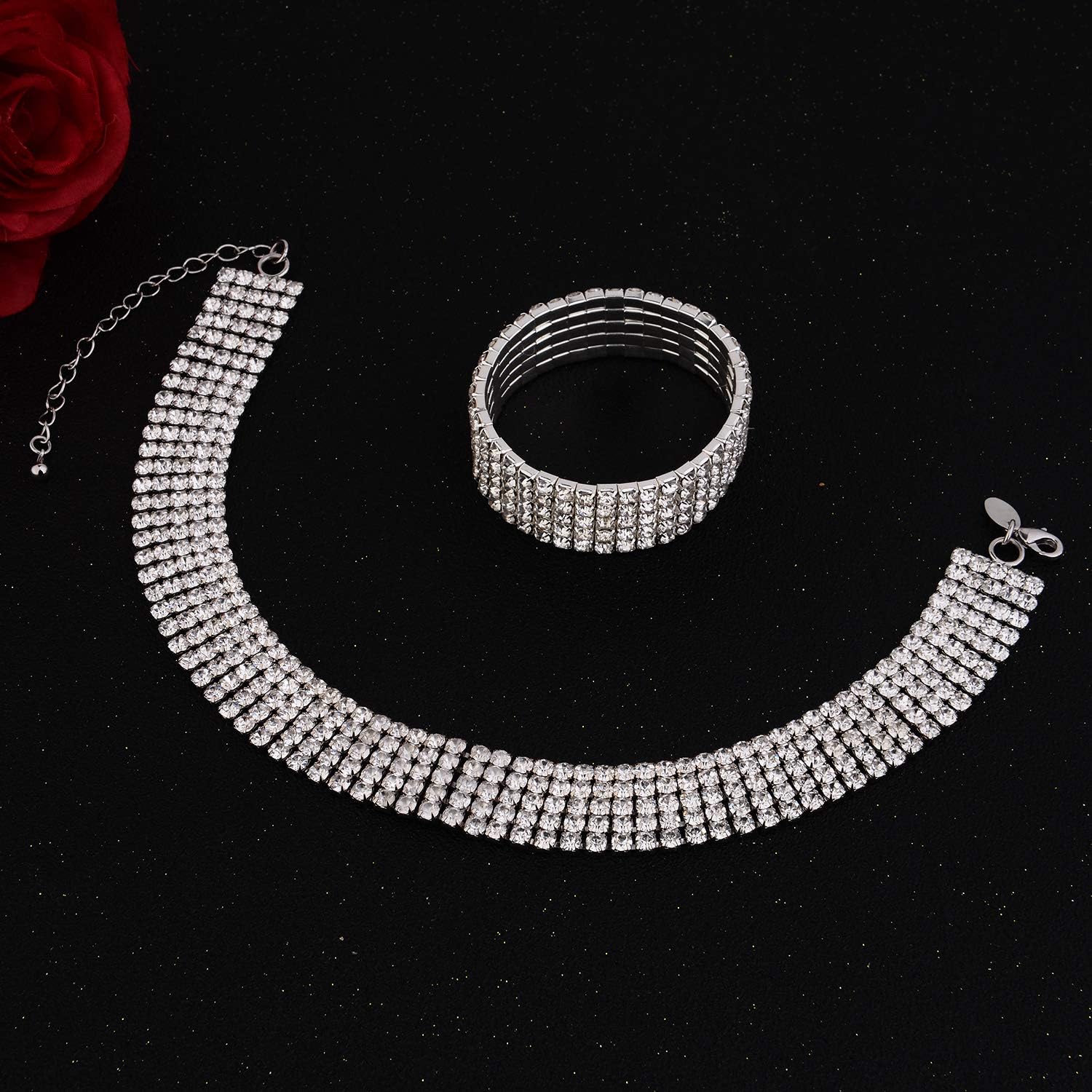 Zealmer 18K Gold Plated 1-6 Rows Rhinestone Choker Necklace & Bracelets Set Bridal Jewelry