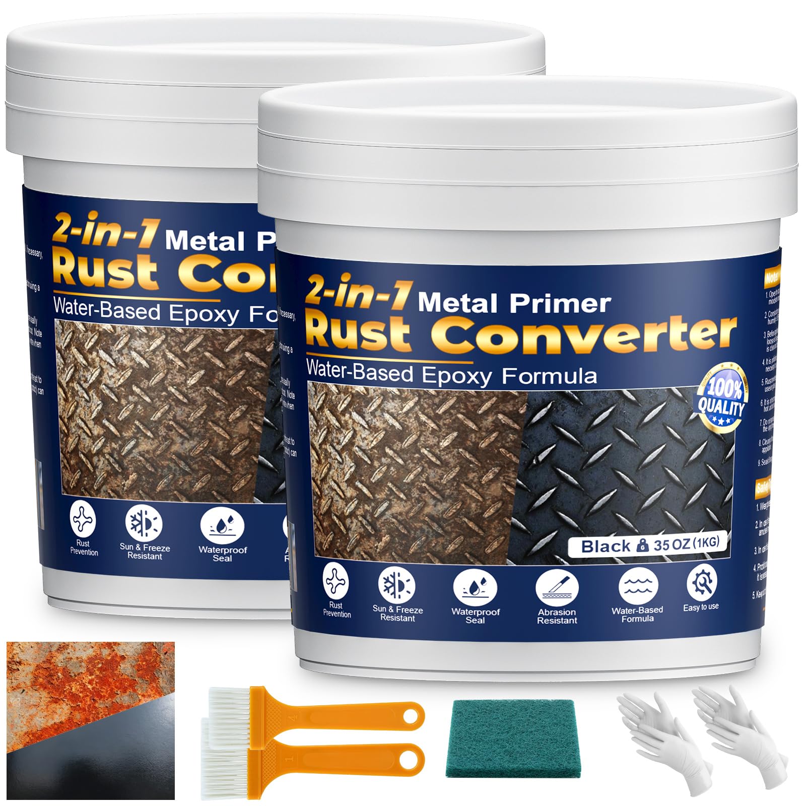 Black Rust Converter for Metal, 2-in-1 Rust Inhibitor Paint &amp; Metal Primer Water-Based Rust Remover for Cars, Trailers, Fences, Industrial Tools, Long-Lasting Barrier 70oz
