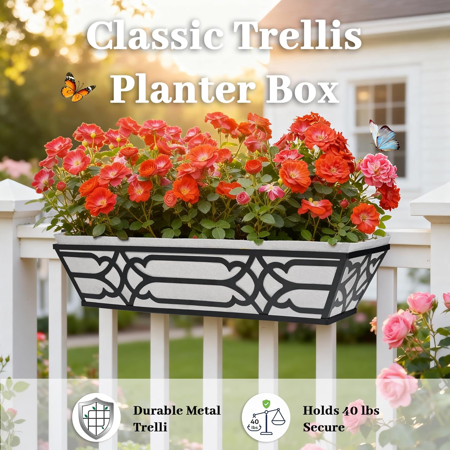 Window Planter Box, Railing Planter Box with Non-Woven Fabric Liners, 4 Pack 24" Hanging Flower Baskets for Outdoor Plants, Metal Deck Railing Planters with Adjustable Brackets, Apartment Balcony