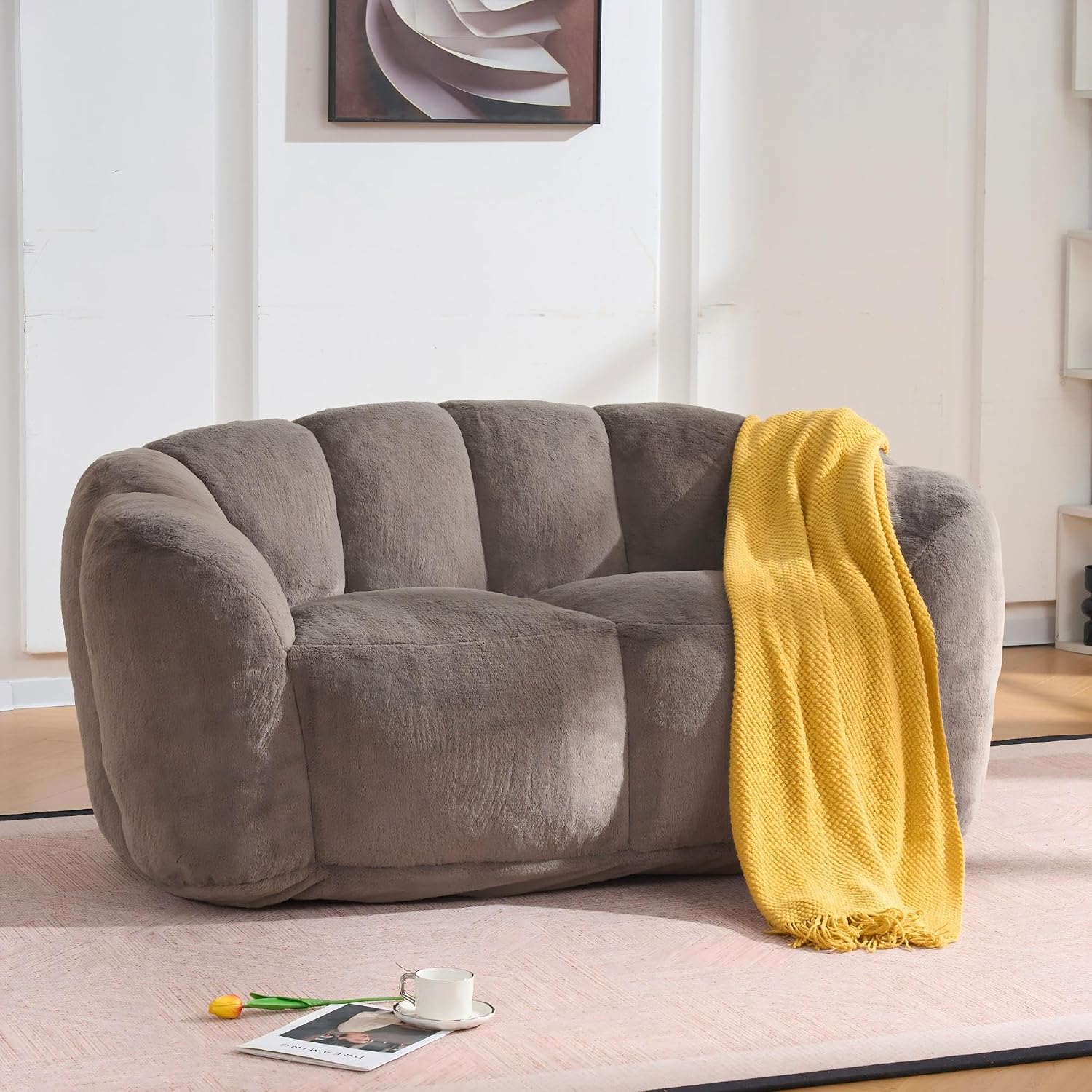 Two Seater Fluffy Floor Loveseat Sofa, Memory Foam Soft Filled Bean Bag Couch for Adults, Cozy Lazy Reading Chair Perfect for Living Room & Bedroom Office (Brown)