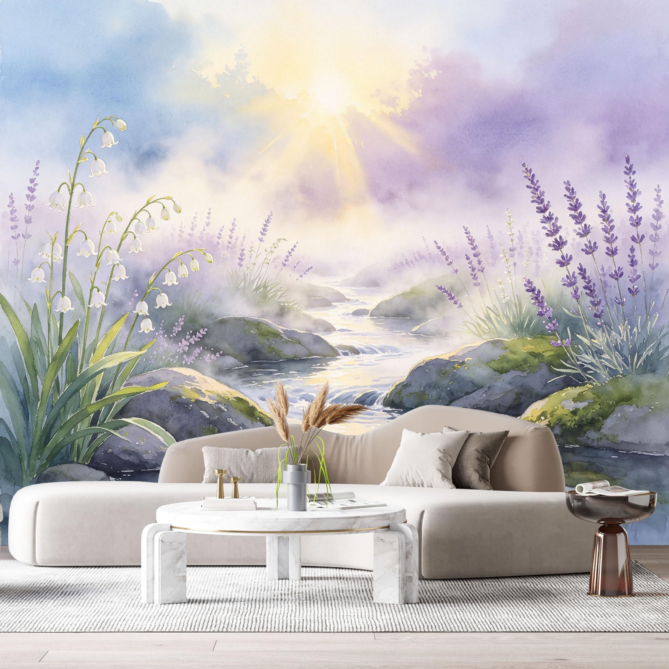 Custom Size Wall Murals Botanical Landscape Watercolor Lavender Lily Stream Sunbeam SelfAdhesive Wall Fabric Removable Large Wallpaper for Photo Living Room