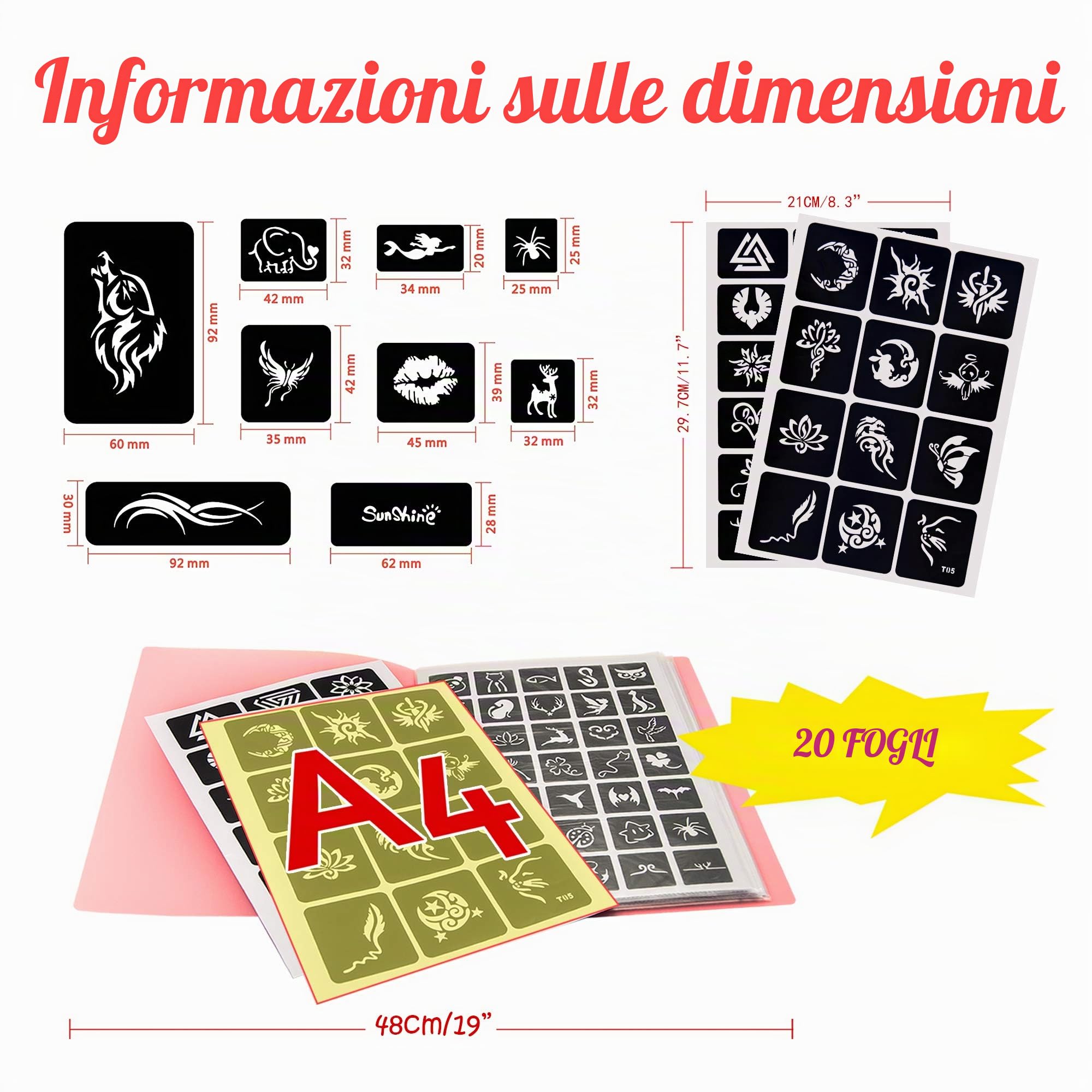 Set di 282 stencil temporanei per tatuaggi rimovibili, per la pittura del viso, body art, per tatuaggi glitterati, body art, tatuaggi temporanei