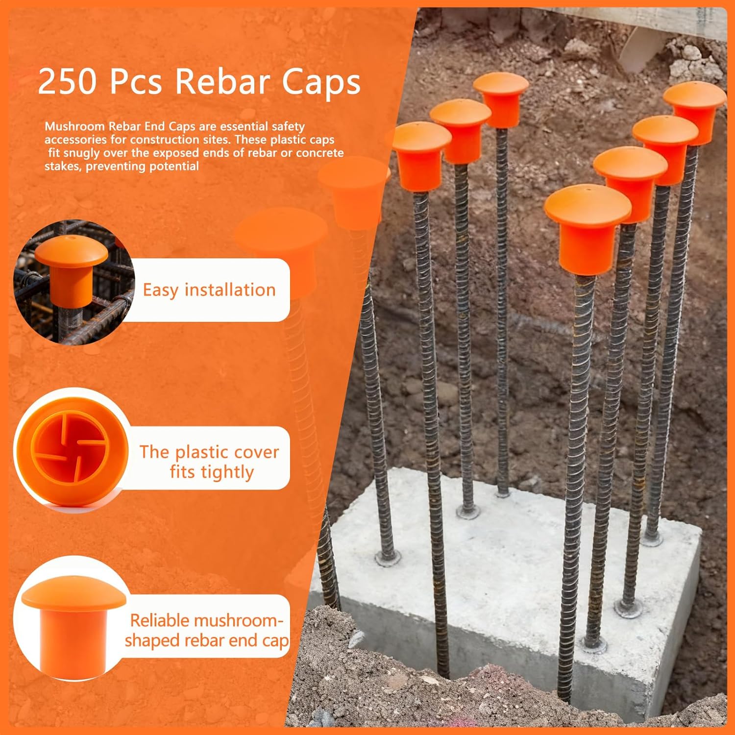 250 Pcs Rebar Caps， Fits Stake Size #3 - #7, Rebar Safety Cap， Mushroom Caps， Plastic Rebars Safety Cap, Orange