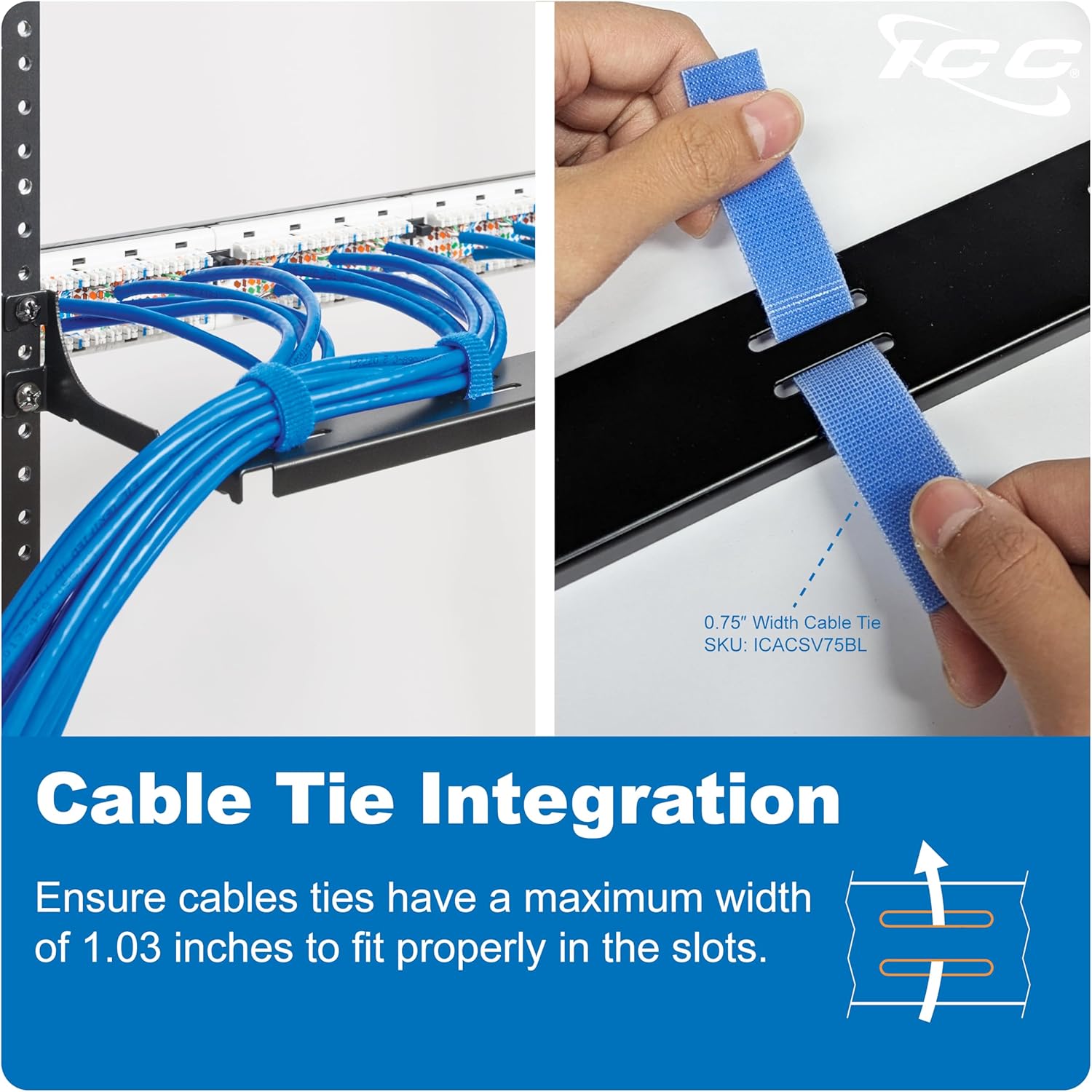 ICC Cable Manager Bracket Panel, 1U Rack Mount Space, Black Powder Coat Finish, Cable Management for 19" Racks and Cabinets, Metal, 5" Deep, Pack of 6