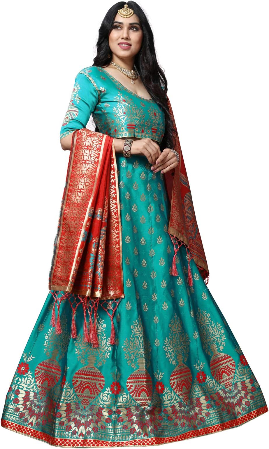 MANSVI FASHIONwomen's Banarasi silk Jacquard lehenga choli (free size and semi-stitched).