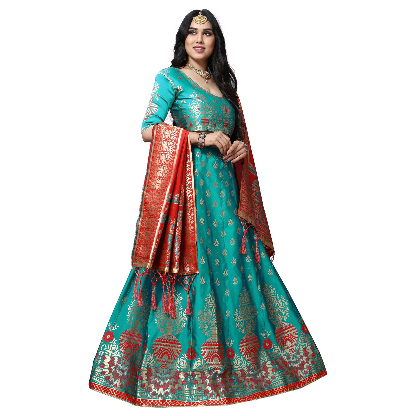 MANSVI FASHIONwomen's Banarasi silk Jacquard lehenga choli (free size and semi-stitched).