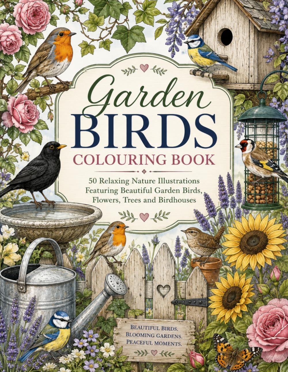 Garden Birds & Blossoms Colouring Book: 50 Nature Illustrations Featuring Beautiful Garden Birds, Flowers, Trees and Birdhouses
