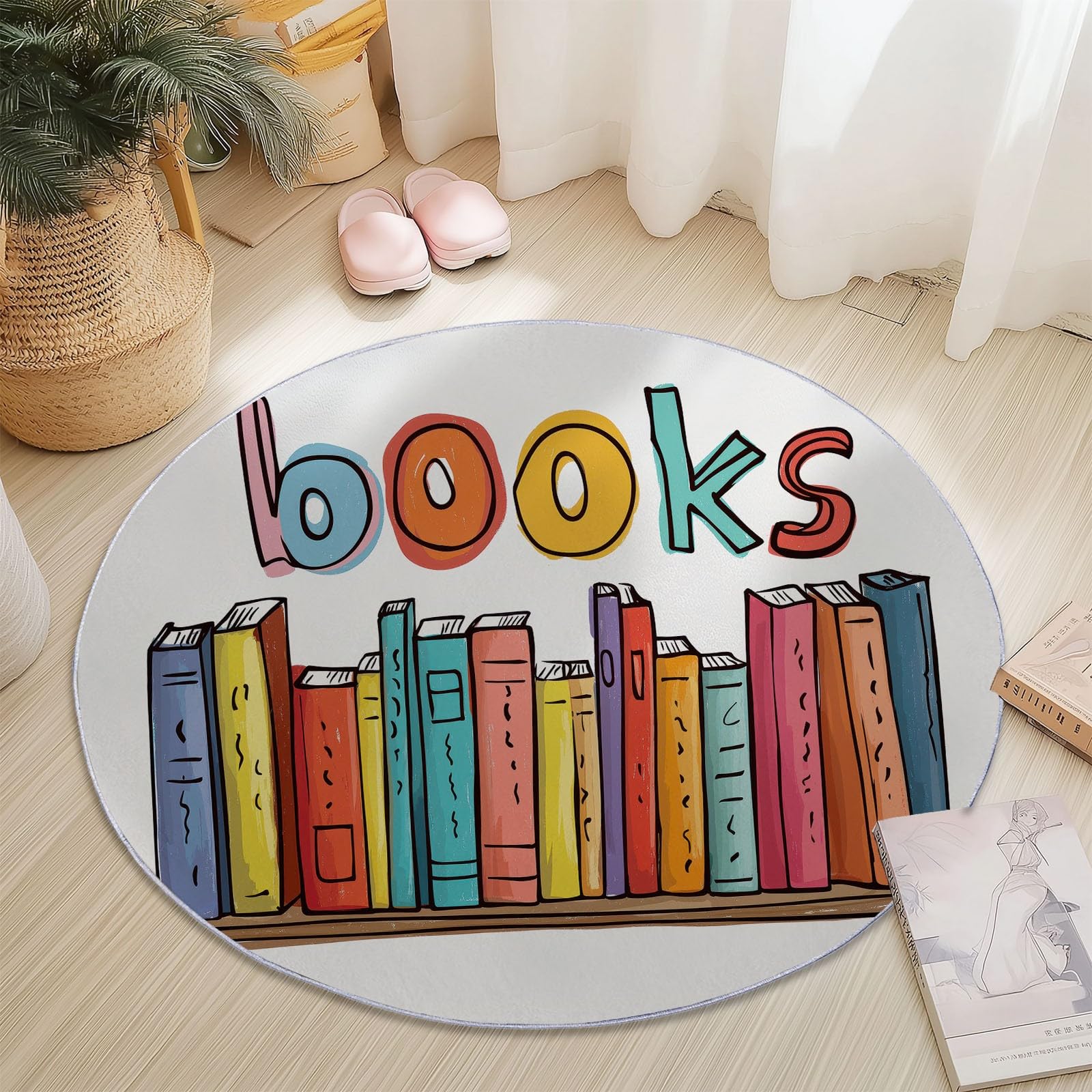 Teppich Rund 200 cm, Waschbare Teppiche, Minimalismus Bücher Briefe Flauschiger Runder Teppiche, rutschfest Carpet, Bedruckter Teppich Schlafzimmer Kinderzimmer, Bunt