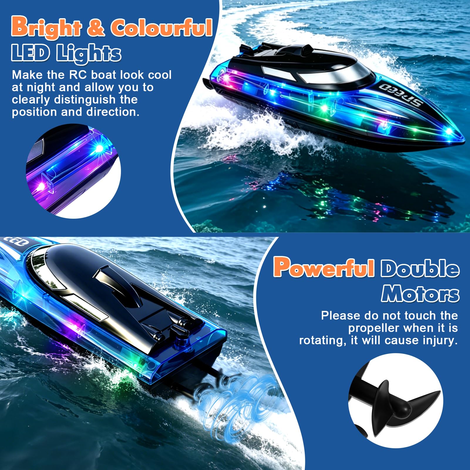 Barco Teledirigido para niños y Adultos, 2.4 GHz Barco de Control Remoto con luz RGB, Barco eléctrico Alta Velocidad 20 km/h Hélices Dobles Autoadrizable lanchas de Carreras para Piscinas Lagos