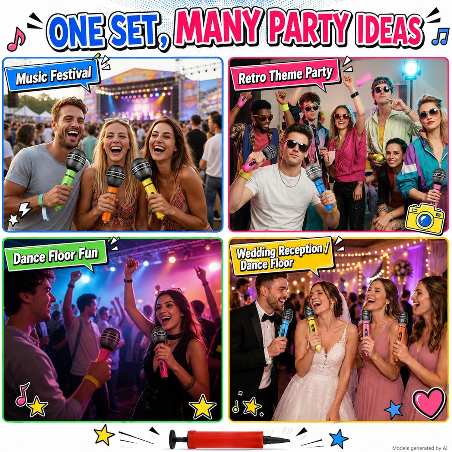 30 Pcs Inflatable Microphones with Air Pump, 10 Inch Party Props | Neon Blow Up Microphone Props for Karaoke,Birthday Party Favors, DJ Props, Music Theme Party and Concert Decorations